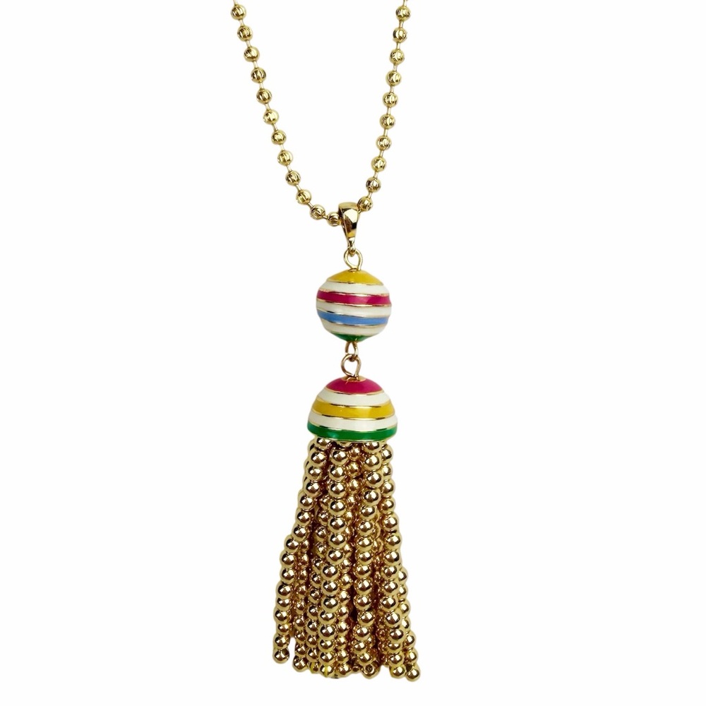 Talbots Multi Color Enamel Stripe Ball Tassel Necklace Adjustable Gold Chain